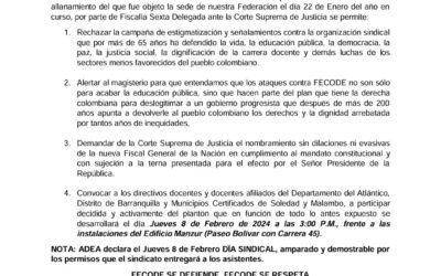 ADEA convoca a plantón en respaldo a Fecode y para exigir elección de Fiscal