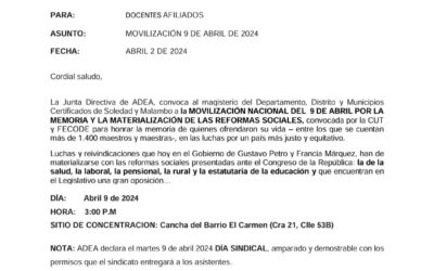 ADEA convoca a movilización nacional este 9 de abril